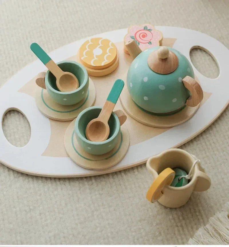 Wooden Tea Party Playset - Brightilo Pretend Kitchen Toy for Kids Role Play