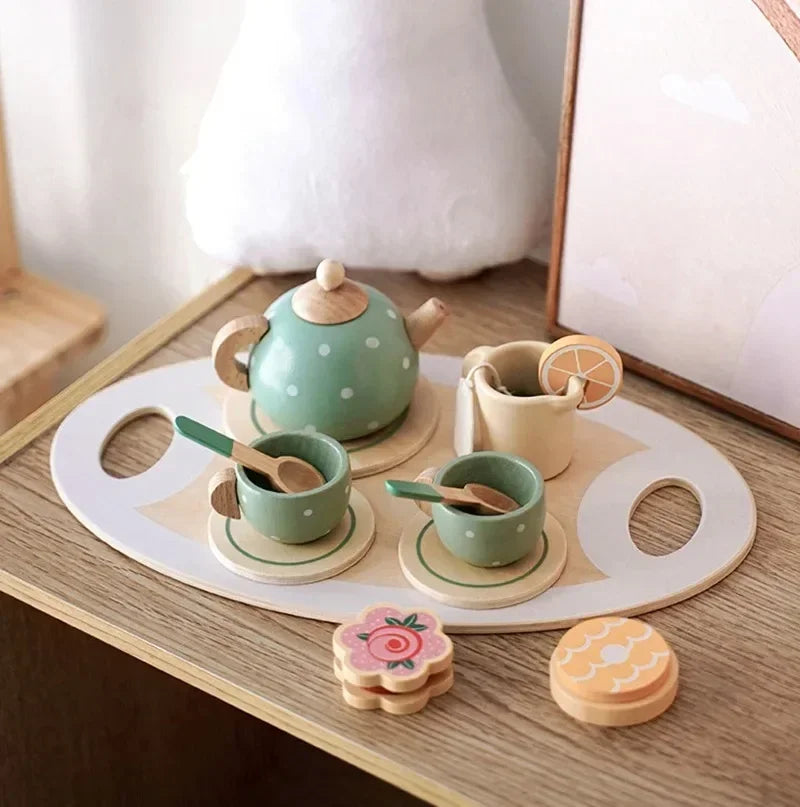 Wooden Tea Party Playset - Brightilo Pretend Kitchen Toy for Kids Role Play