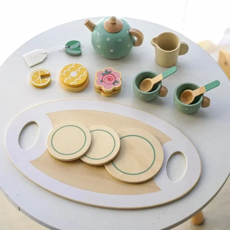 Wooden Tea Party Playset - Brightilo Pretend Kitchen Toy for Kids Role Play