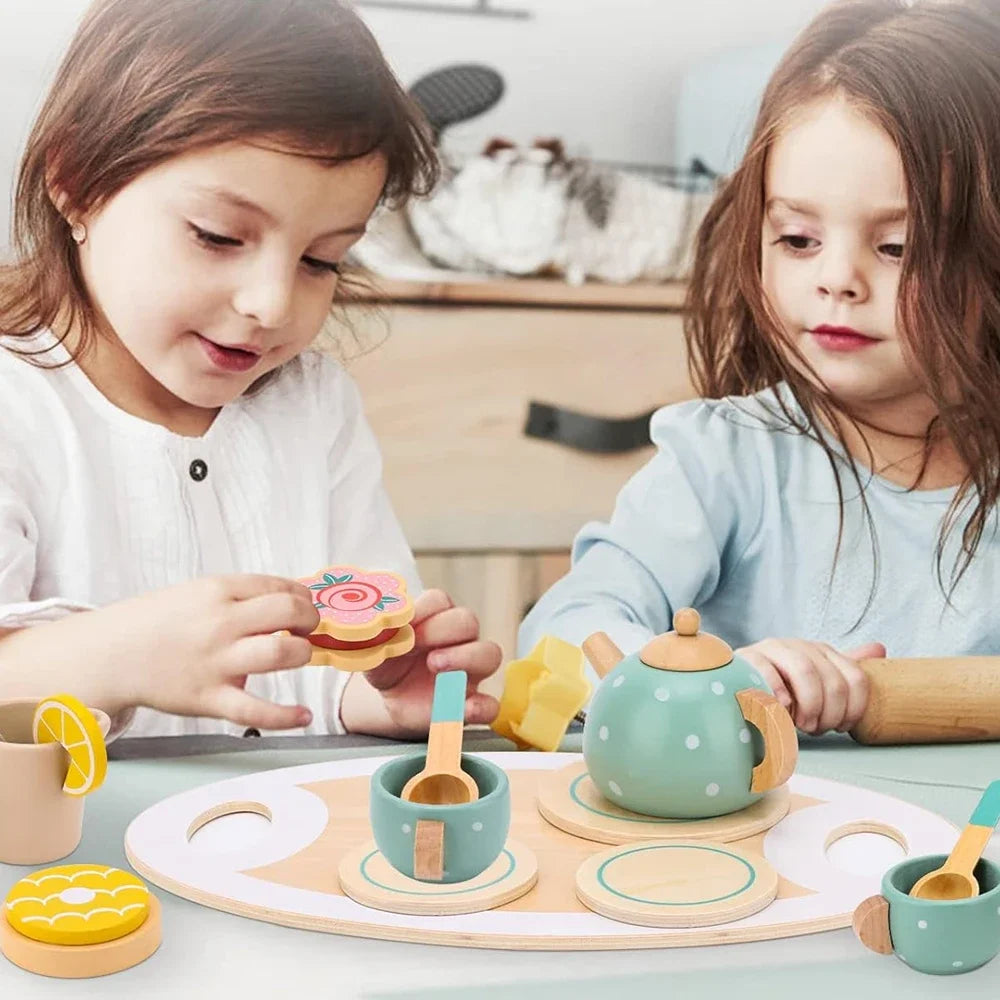 Wooden Tea Party Playset - Brightilo Pretend Kitchen Toy for Kids Role Play