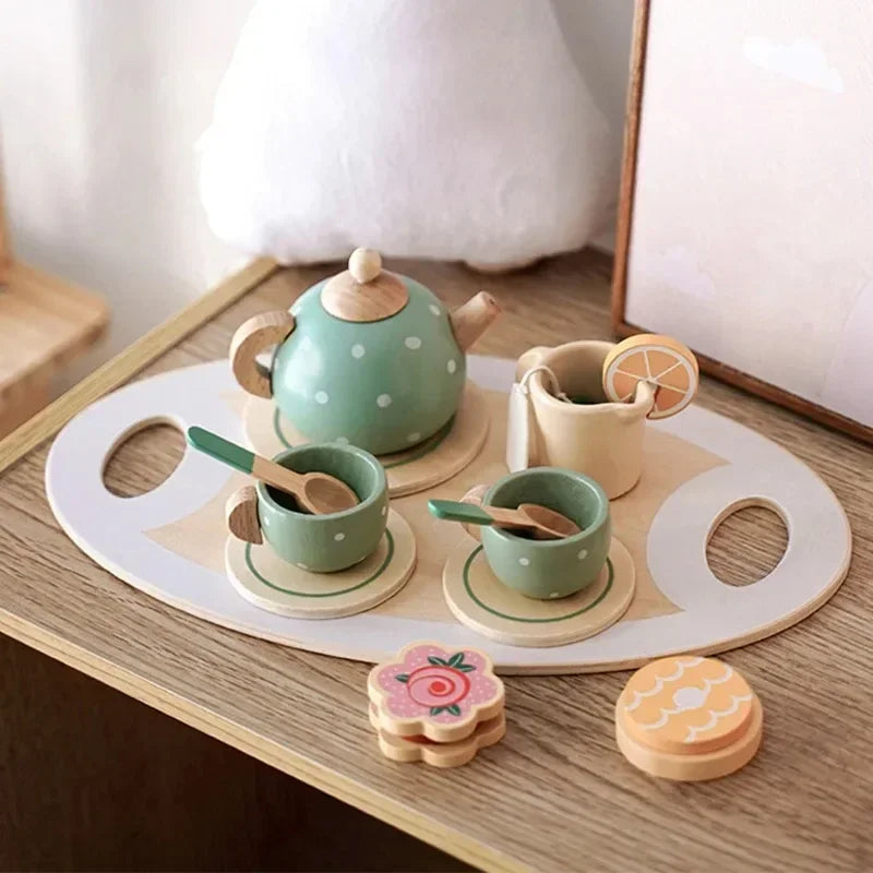 Wooden Tea Party Playset - Brightilo Pretend Kitchen Toy for Kids Role Play