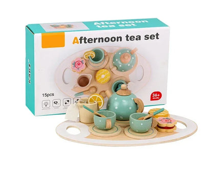 Wooden Tea Party Playset - Brightilo Pretend Kitchen Toy for Kids Role Play