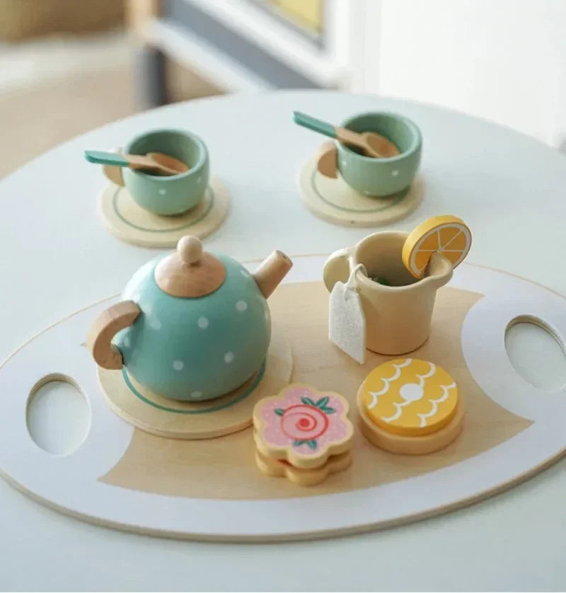 Wooden Tea Party Playset - Brightilo Pretend Kitchen Toy for Kids Role Play