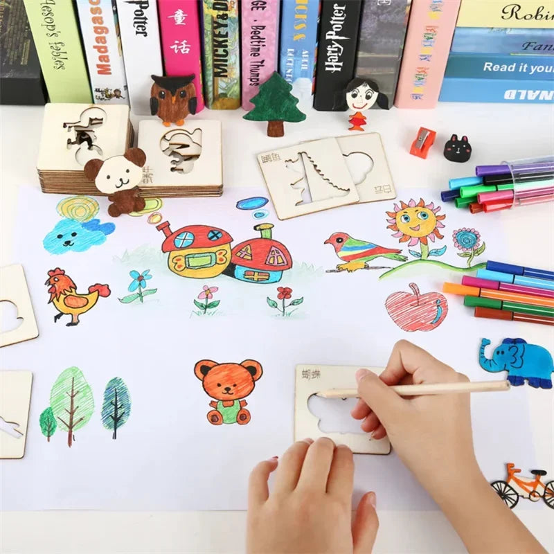 Wooden Painting Stencils Set - Brightilo Montessori DIY Art Kit for Kids