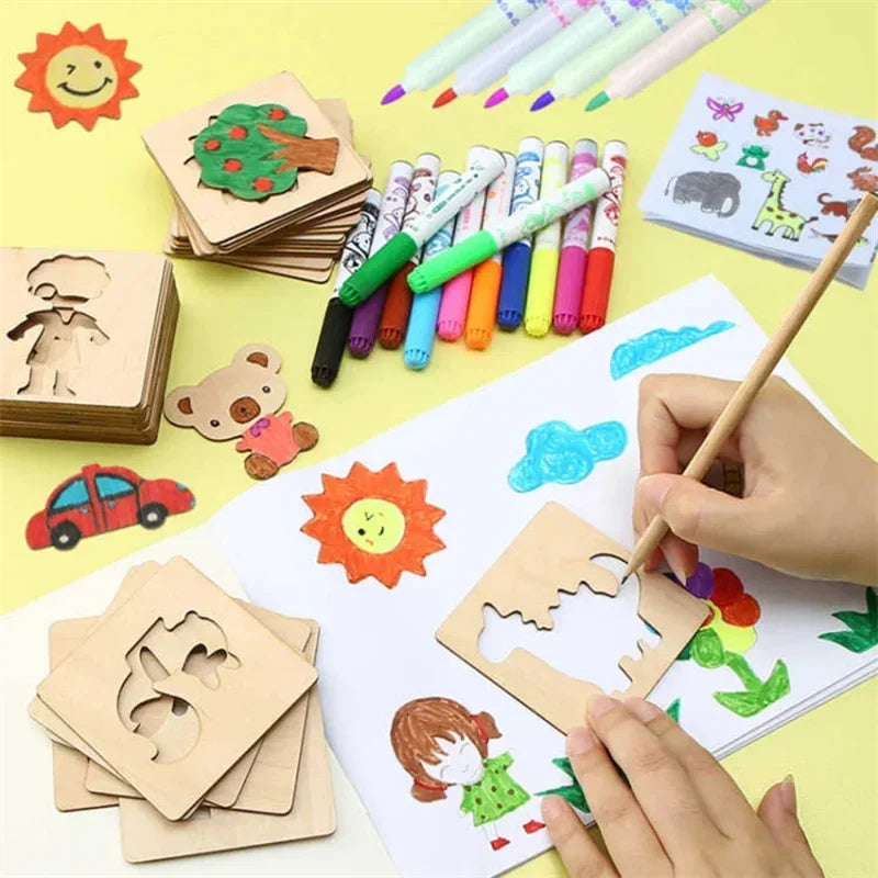 Wooden Painting Stencils Set - Brightilo Montessori DIY Art Kit for Kids