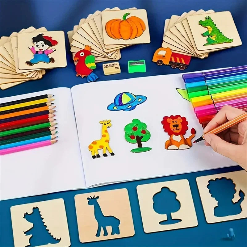 Wooden Painting Stencils Set - Brightilo Montessori DIY Art Kit for Kids