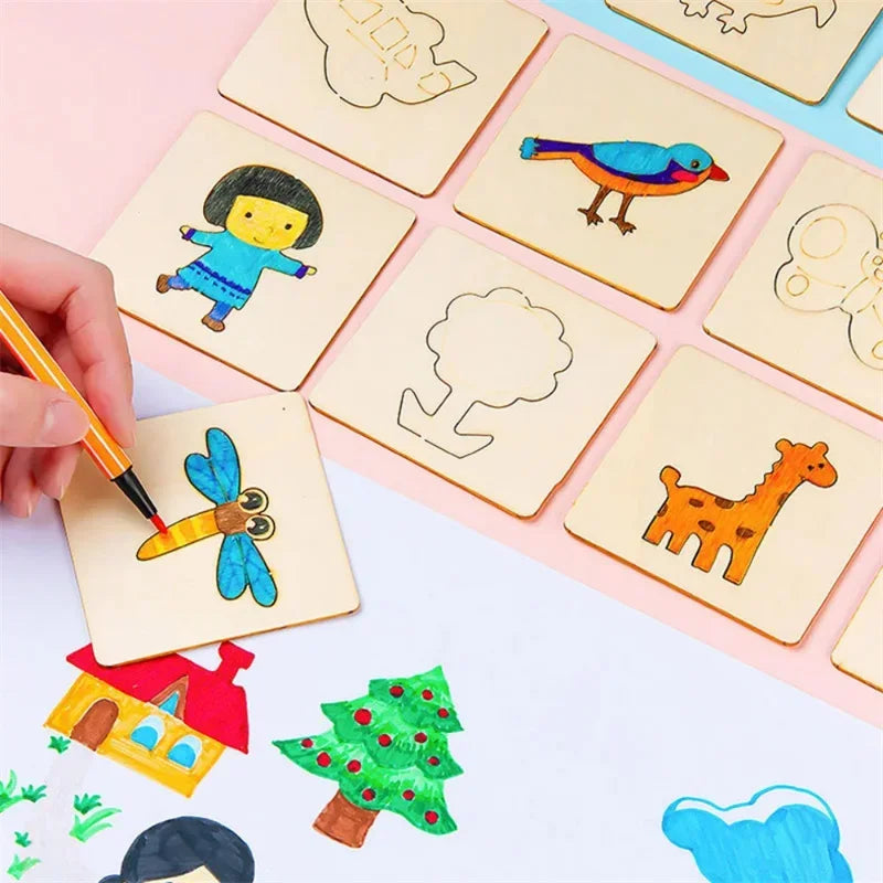 Wooden Painting Stencils Set - Brightilo Montessori DIY Art Kit for Kids