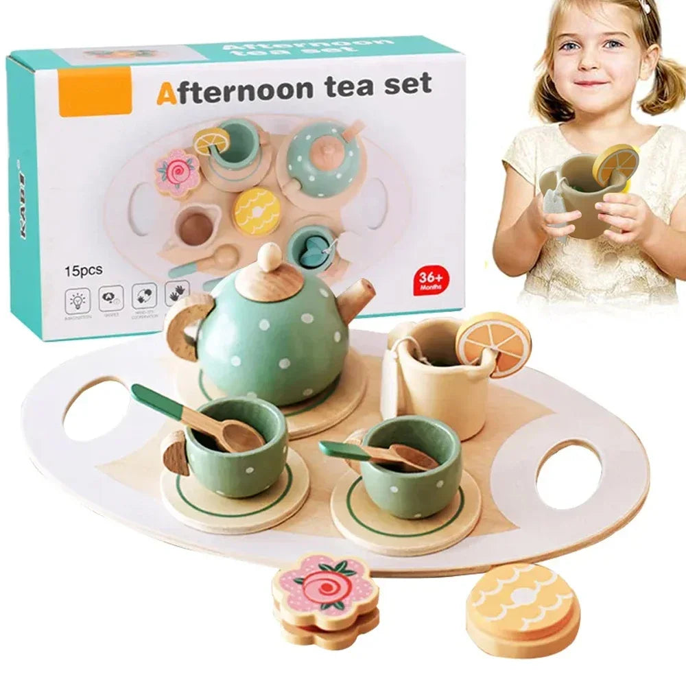 Wooden Tea Party Playset - Brightilo Pretend Kitchen Toy for Kids Role Play