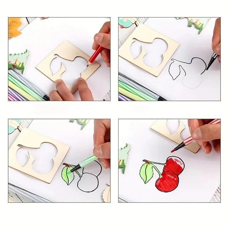 Wooden Painting Stencils Set - Brightilo Montessori DIY Art Kit for Kids