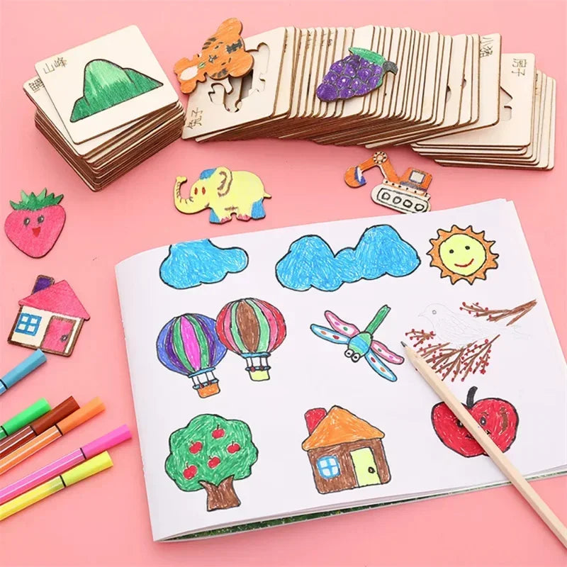 Wooden Painting Stencils Set - Brightilo Montessori DIY Art Kit for Kids